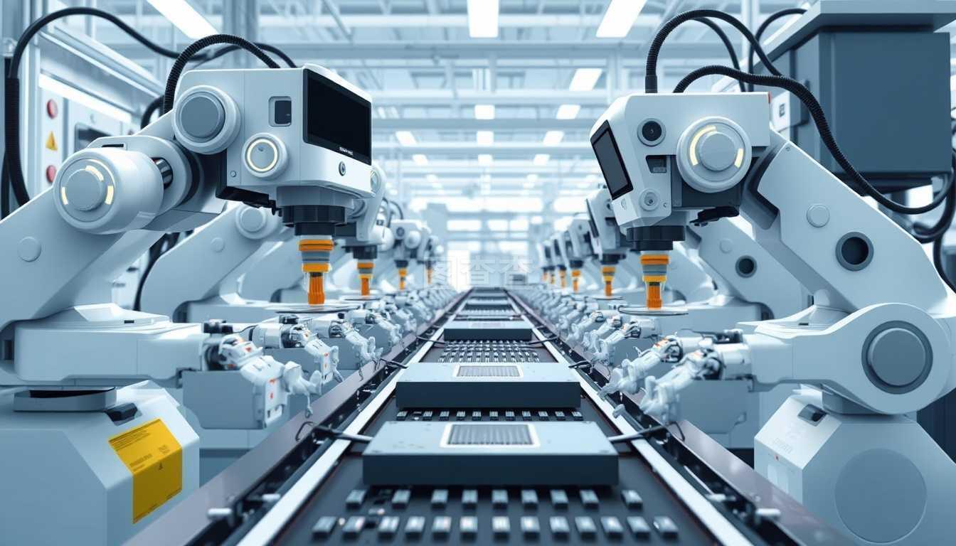 自動化生產的機械裝置。控制輸送機上微芯片的智能機器。工廠生產和運輸產品。平面式自動化的矢量圖示。工廠自動化生產的機械裝置